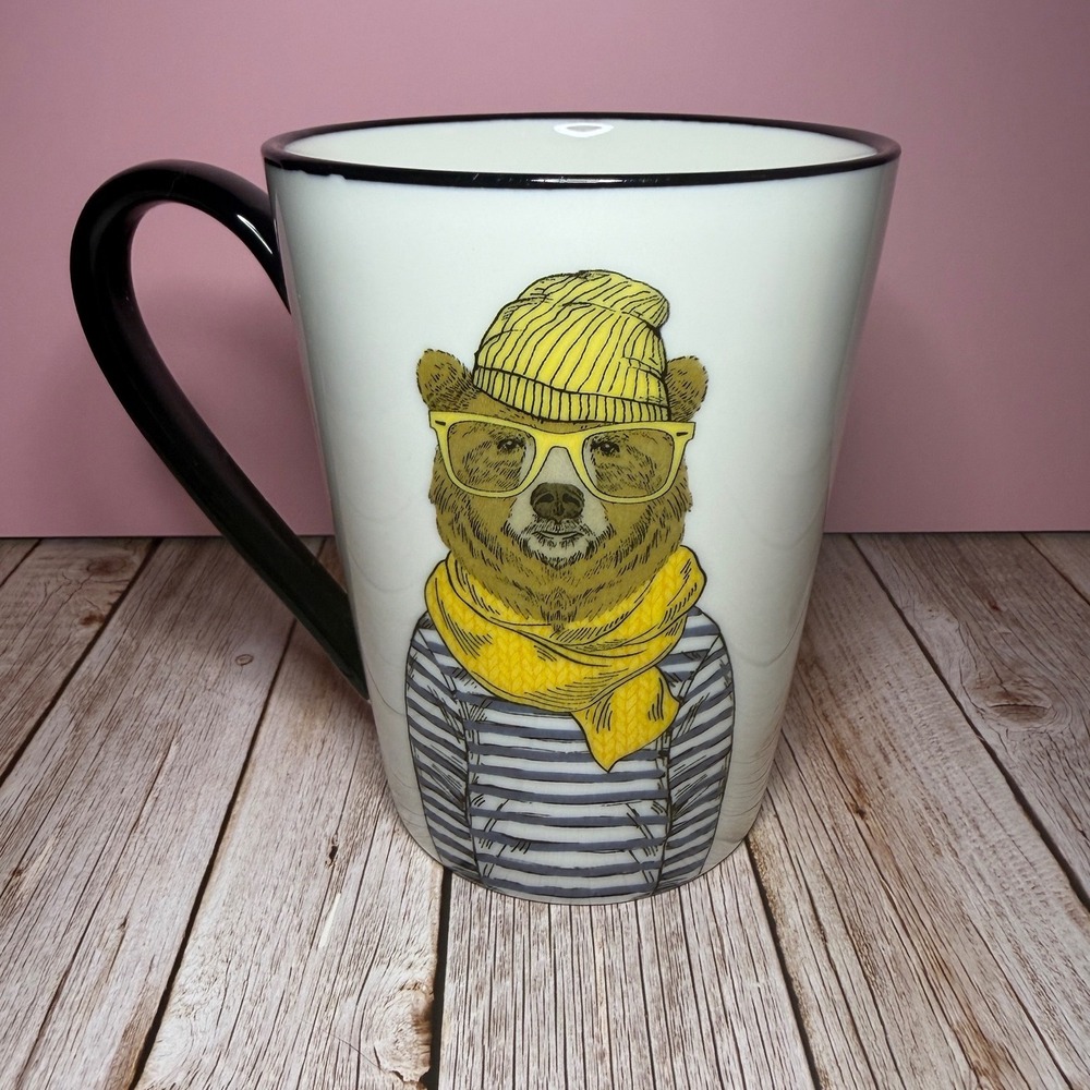Signature Housewares Hipster Bear Mug Large White Yellow Striped Shirt Beanie